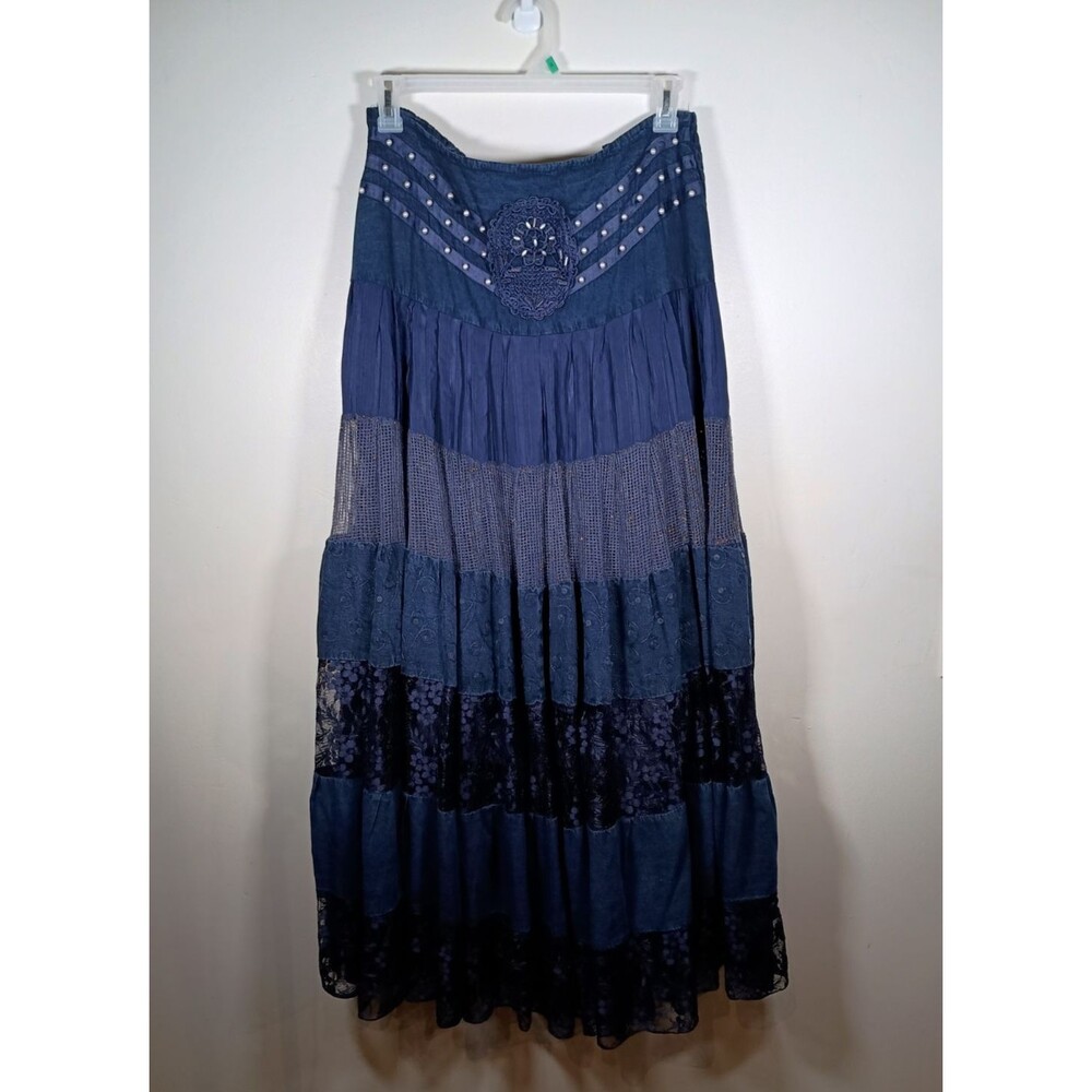 Vintage Terry Chambray Lace Midi Witchy Full Tiered Smocked Italy Dress Size M